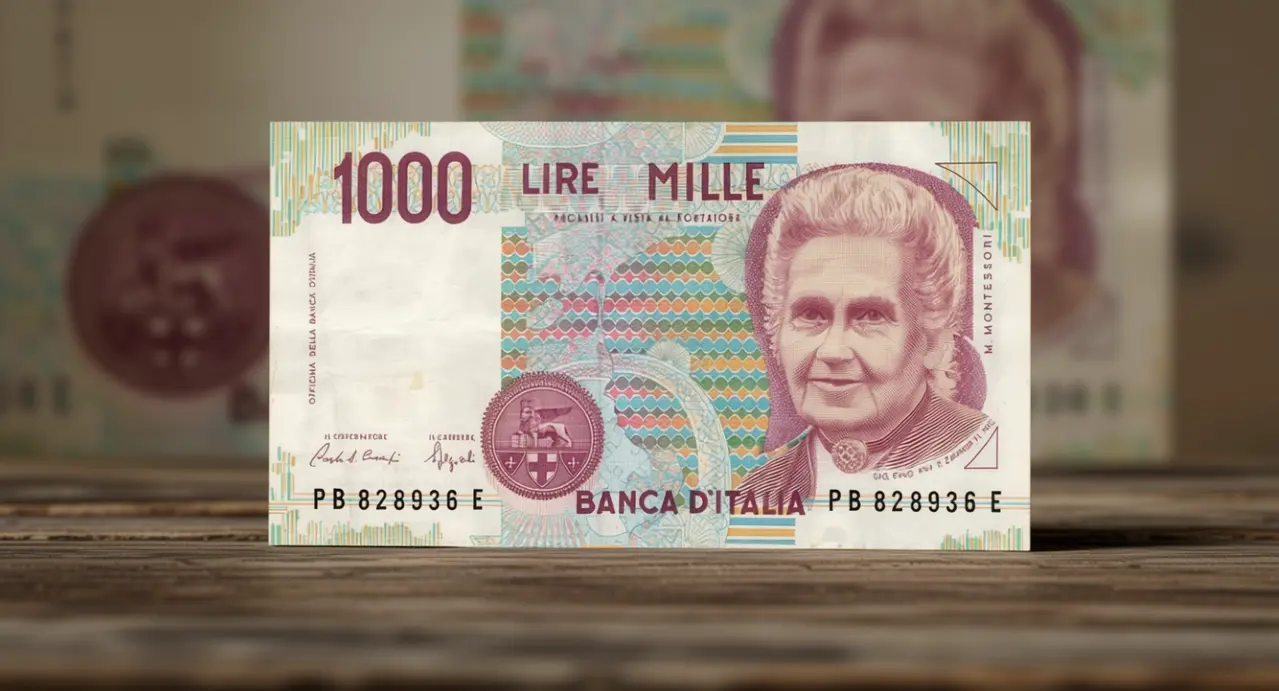 Banconota da 1000 lire italiane con il ritratto di Maria Montessori su fondo in legno