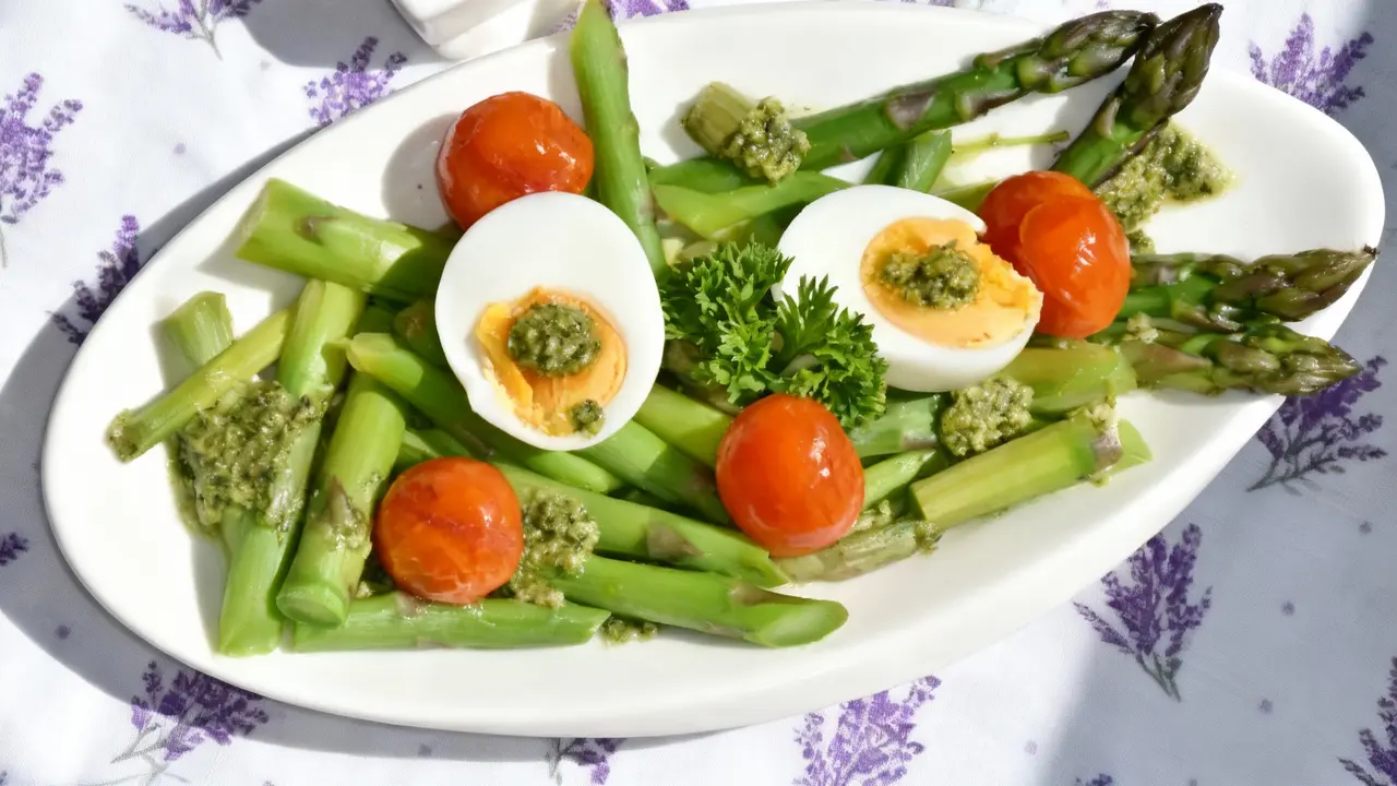 Piatto con asparagi, uova sode, pomodorini e salsa verde