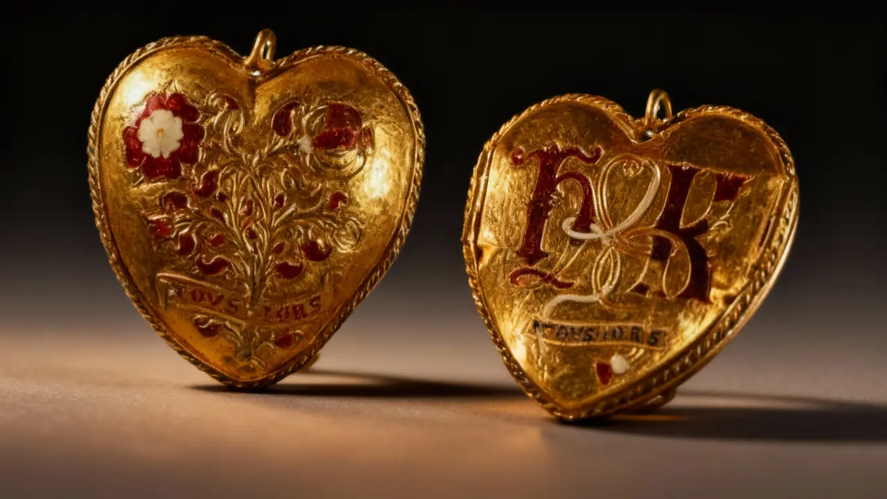 Antico ciondolo d'oro a forma di cuore, con incisioni e decorazioni rosse