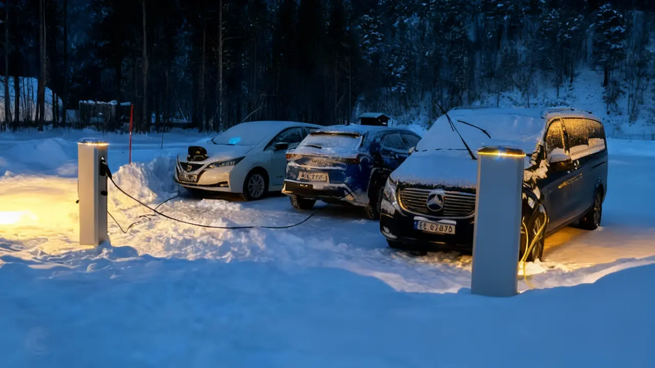 Auto elettriche innevate in ricarica presso stazioni di ricarica in un paesaggio invernale norvegese