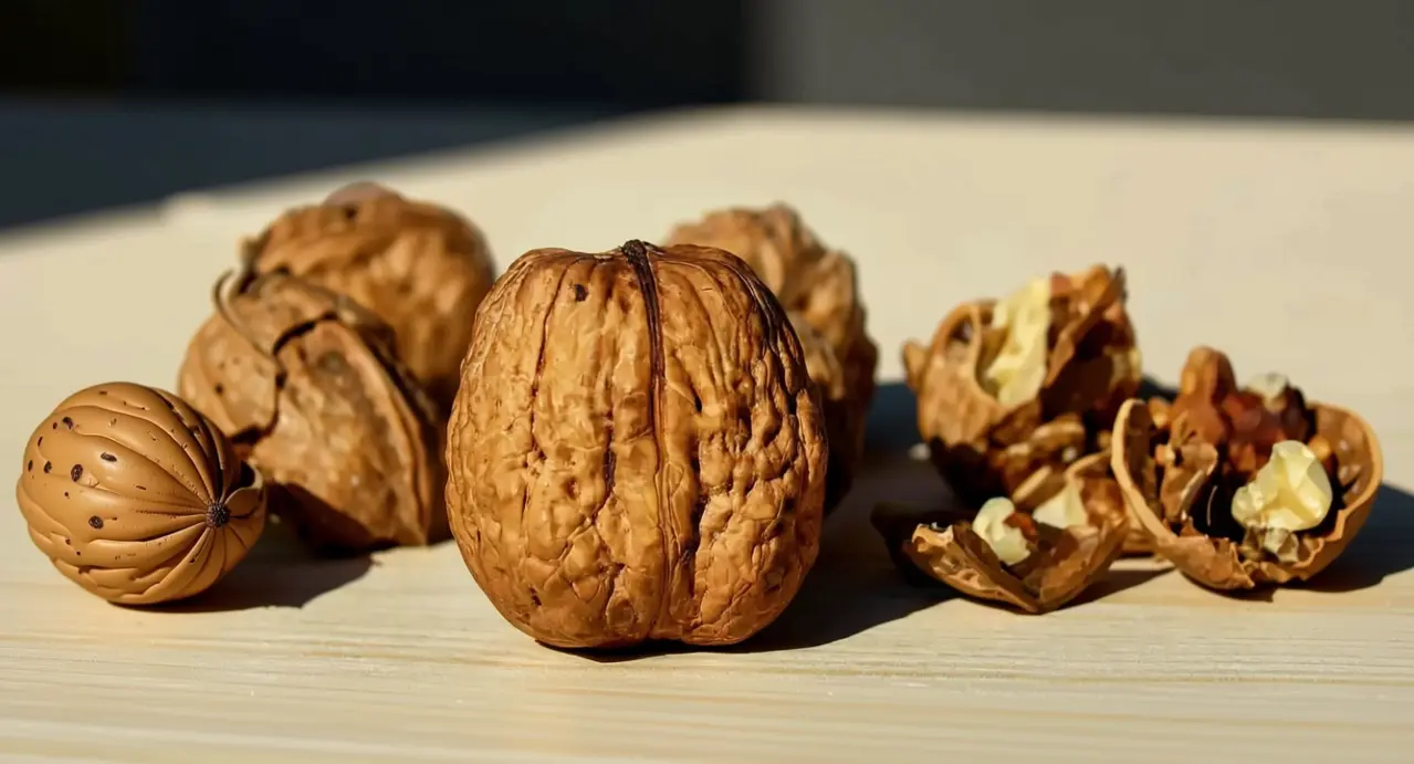 Noci intere e sgusciate appoggiate su una superficie chiara