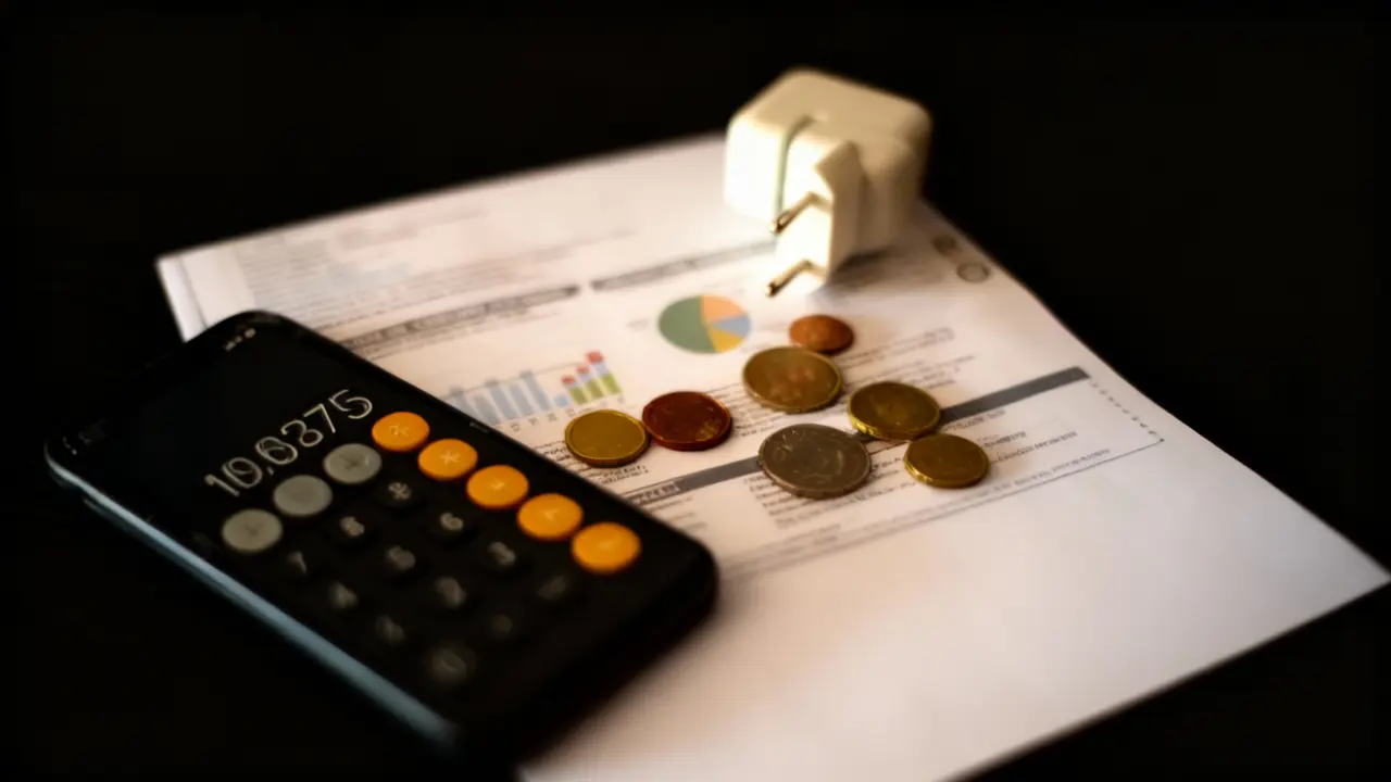 Calcolatrice, monete e presa elettrica su una bolletta energetica