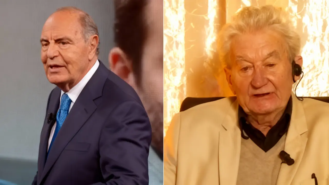 Due uomini anziani parlano in contesti diversi durante una trasmissione televisiva.