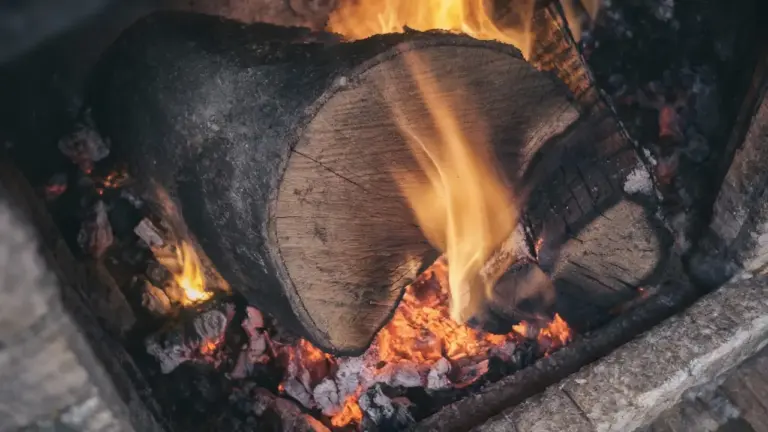 Tronco di legna che brucia all'interno di un camino acceso