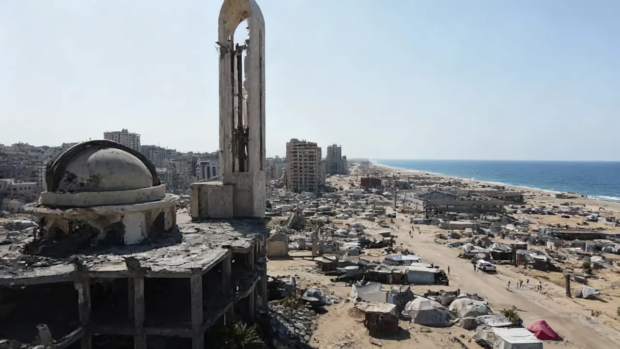 Edifici distrutti e tende in un'area costiera, con costruzioni in rovina sullo sfondo