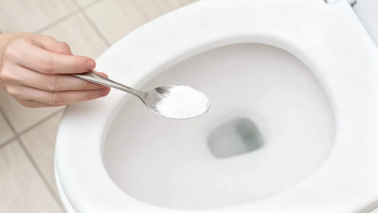 Mano che versa del bicarbonato nel water con un cucchiaio