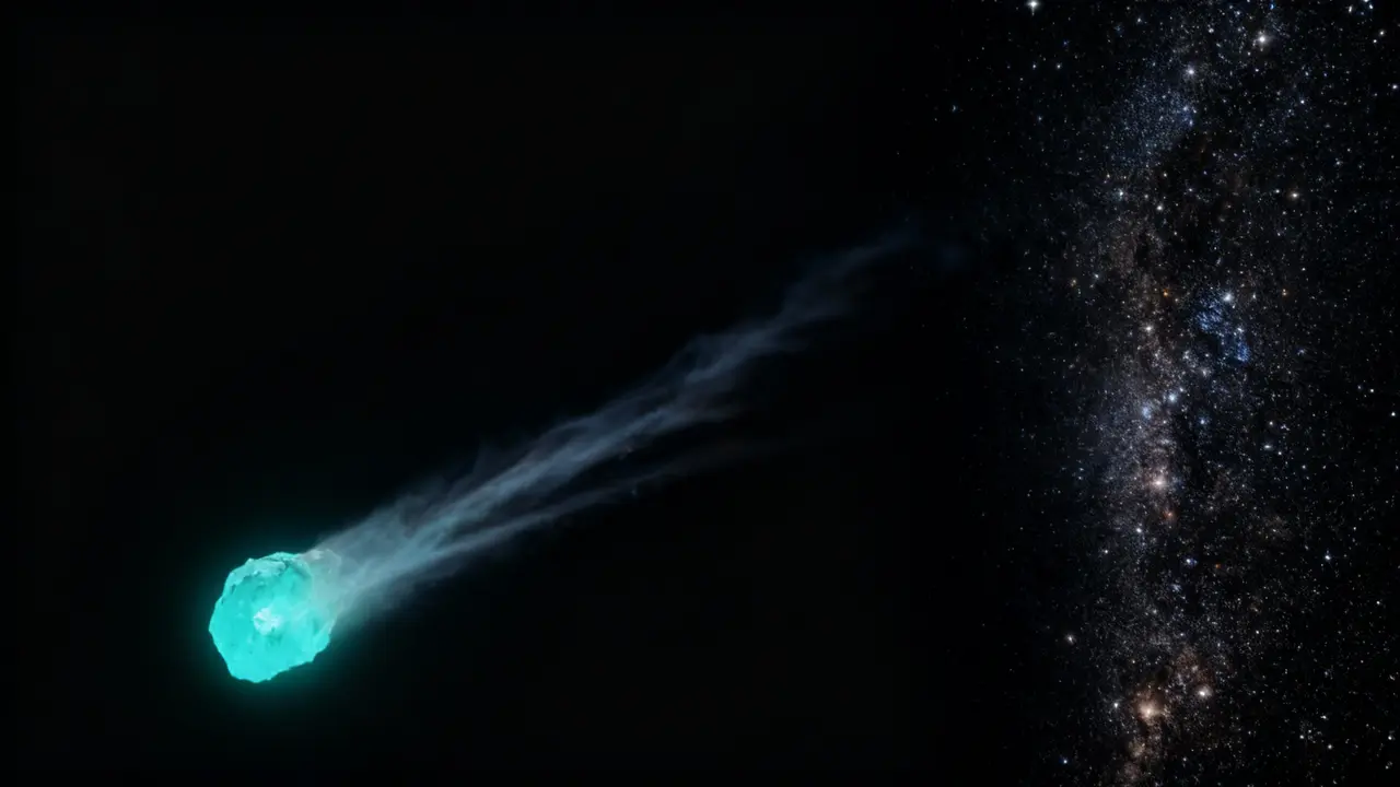 Cometa luminosa con coda visibile nello spazio accanto a una sezione della Via Lattea