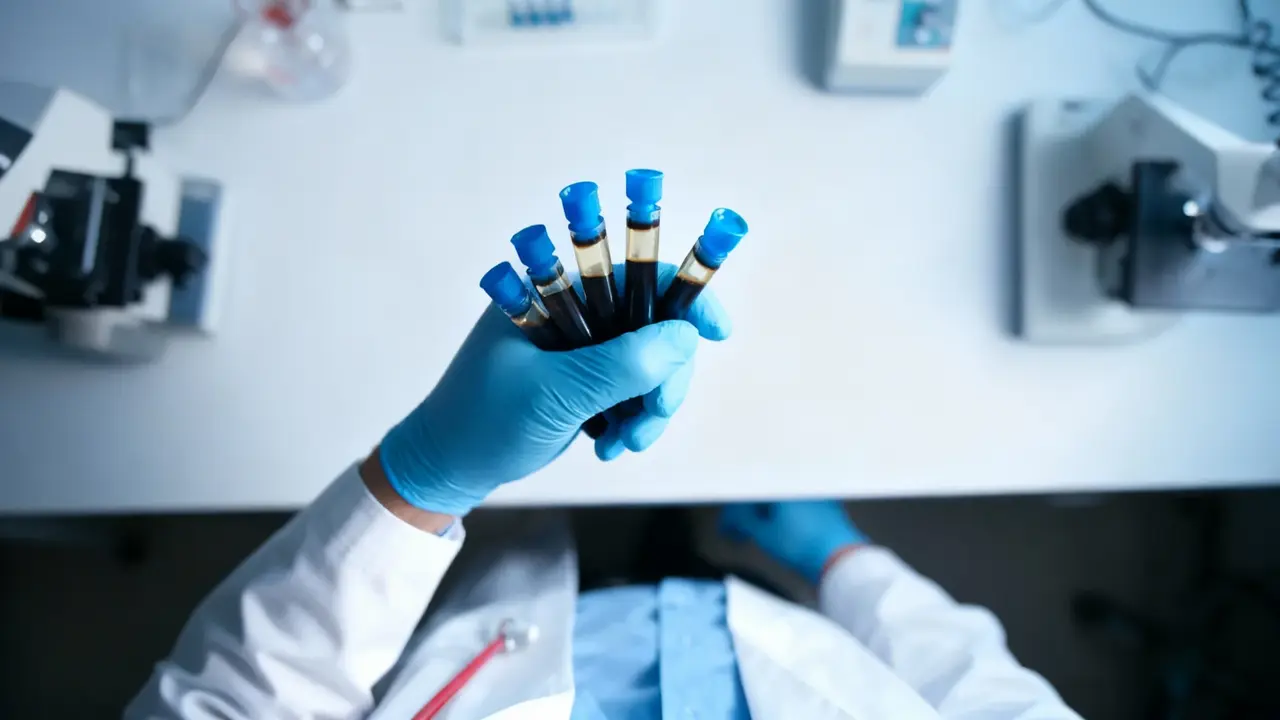 Operatore sanitario con guanti tiene provette di sangue in un laboratorio