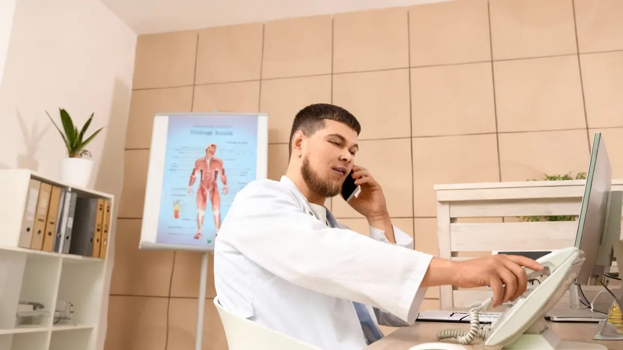 Medico in ufficio parla al telefono mentre utilizza il computer
