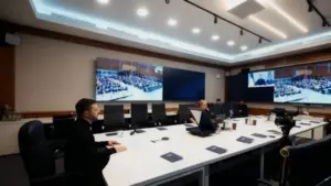 Una persona in videoconferenza seduta in una sala riunioni con schermi che mostrano un'assemblea
