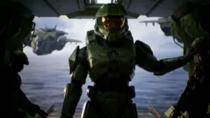 Un soldato futuristico in armatura verde su una navicella con il mare sullo sfondo