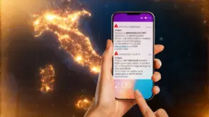 Una mano tiene uno smartphone che mostra un messaggio IT-Alert davanti a una mappa luminosa dell'Italia
