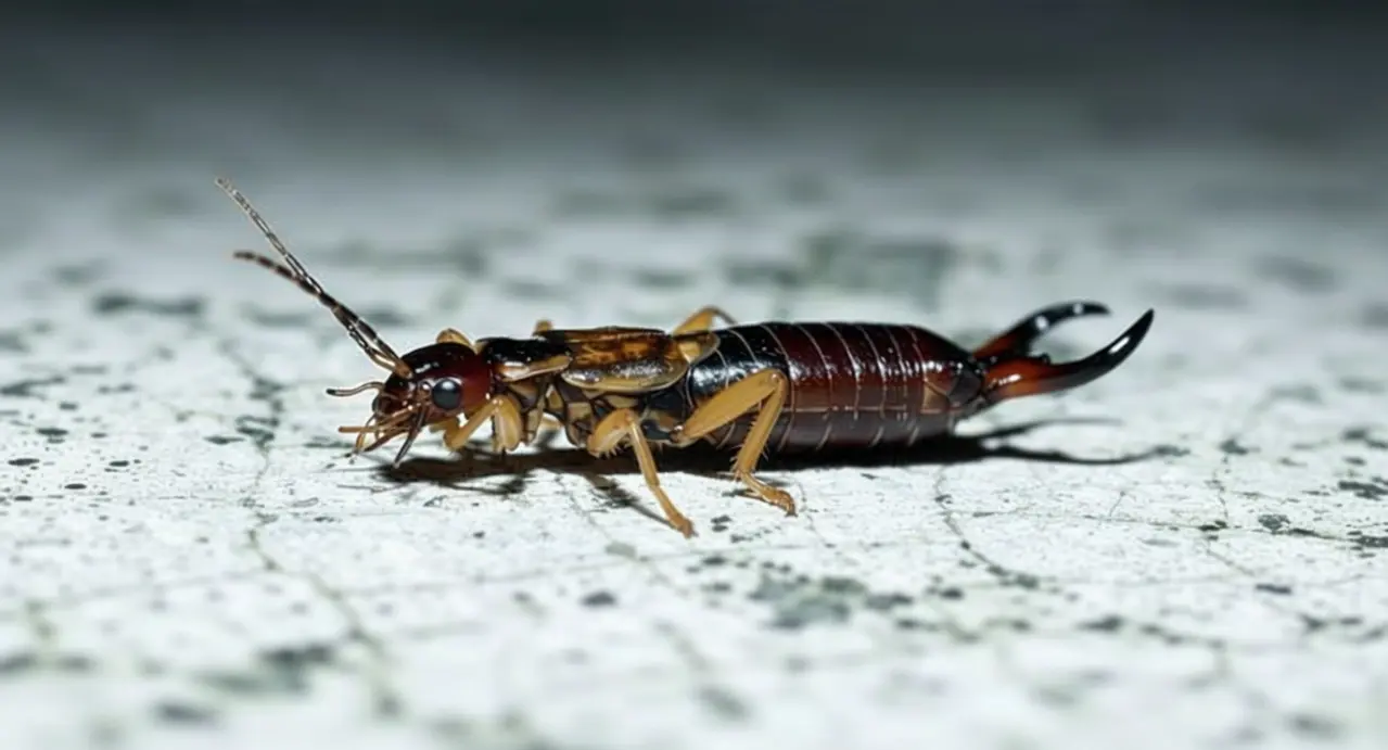 Un insetto forbice su una superficie chiara, visto in primo piano.