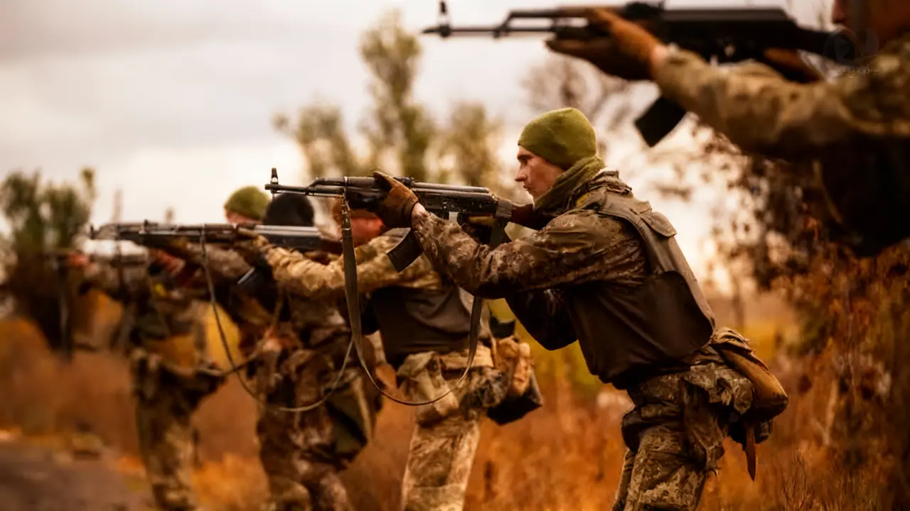 Soldati in uniforme mimetica puntano fucili in un ambiente autunnale