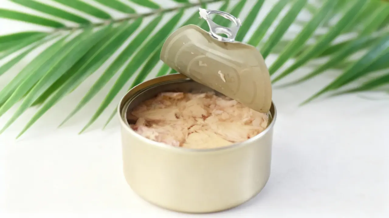 Scatoletta di tonno aperta su sfondo chiaro con foglie verdi