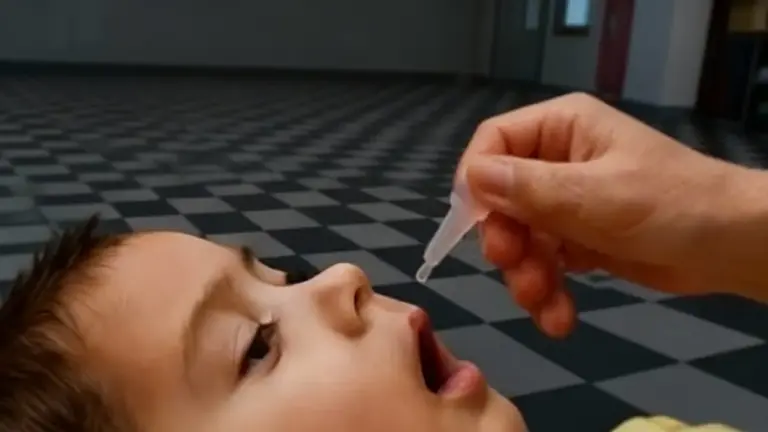 Un bambino riceve una dose di vaccino orale in un ambiente interno