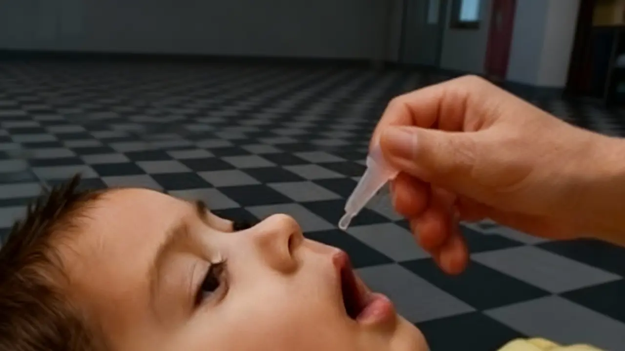 Un bambino riceve una dose di vaccino orale in un ambiente interno