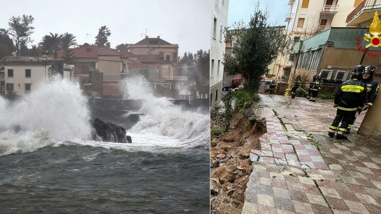 Onde violente si infrangono sulla costa e vigili del fuoco vicino a una strada crollata
