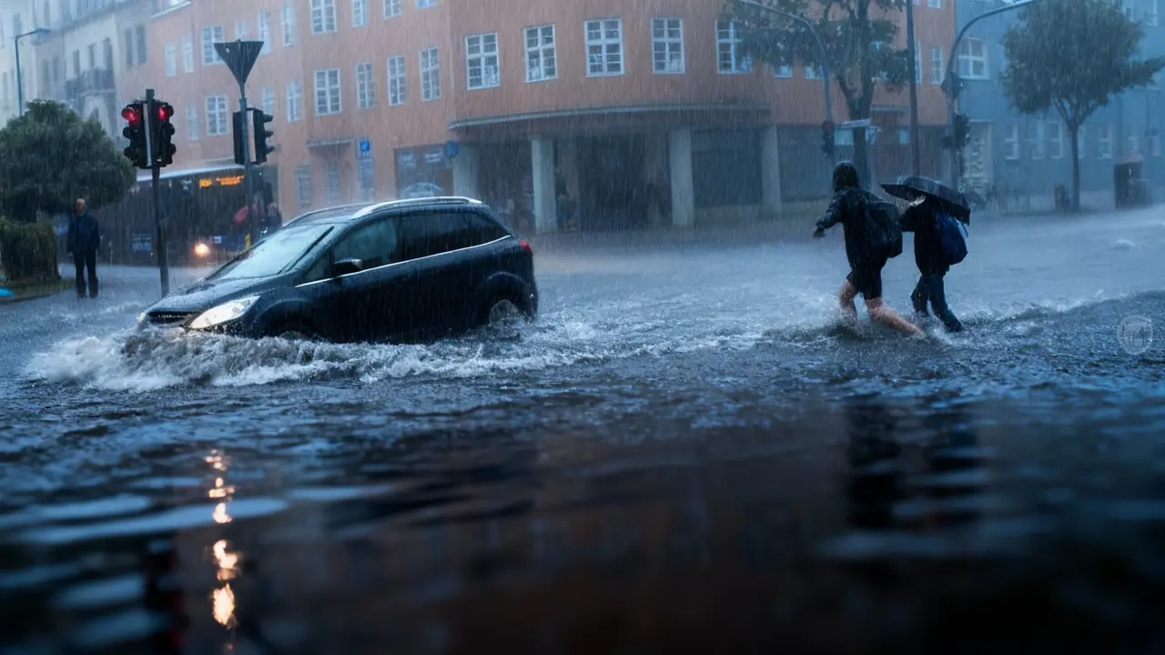Auto e due persone camminano in una strada allagata durante una forte pioggia