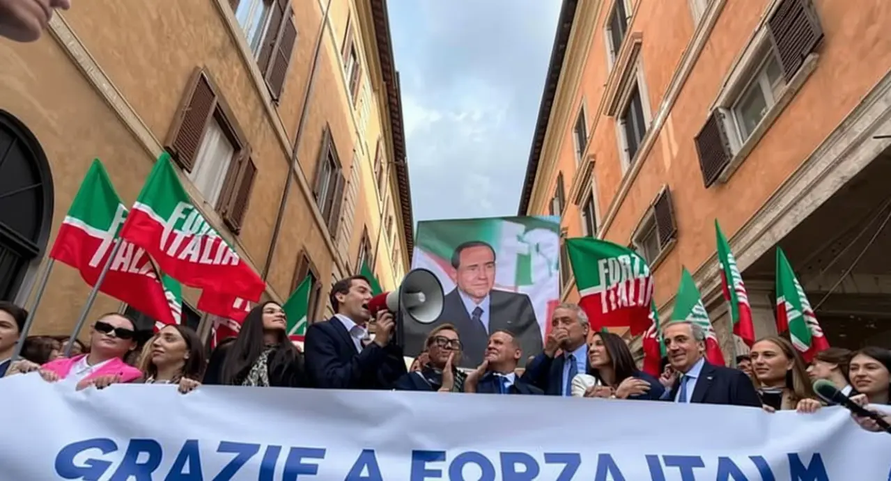 Persone con bandiere di Forza Italia e uno striscione in una manifestazione in piazza Navona