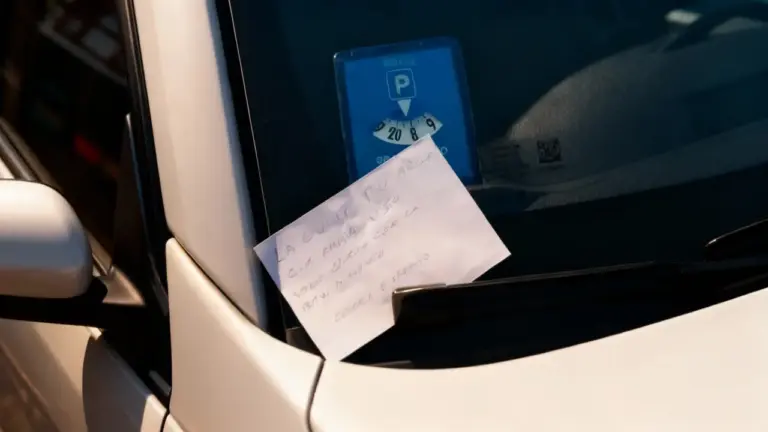 Biglietto lasciato sul parabrezza di un'auto accanto a un disco orario.