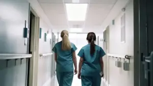 Due persone in divisa sanitaria camminano lungo un corridoio ospedaliero