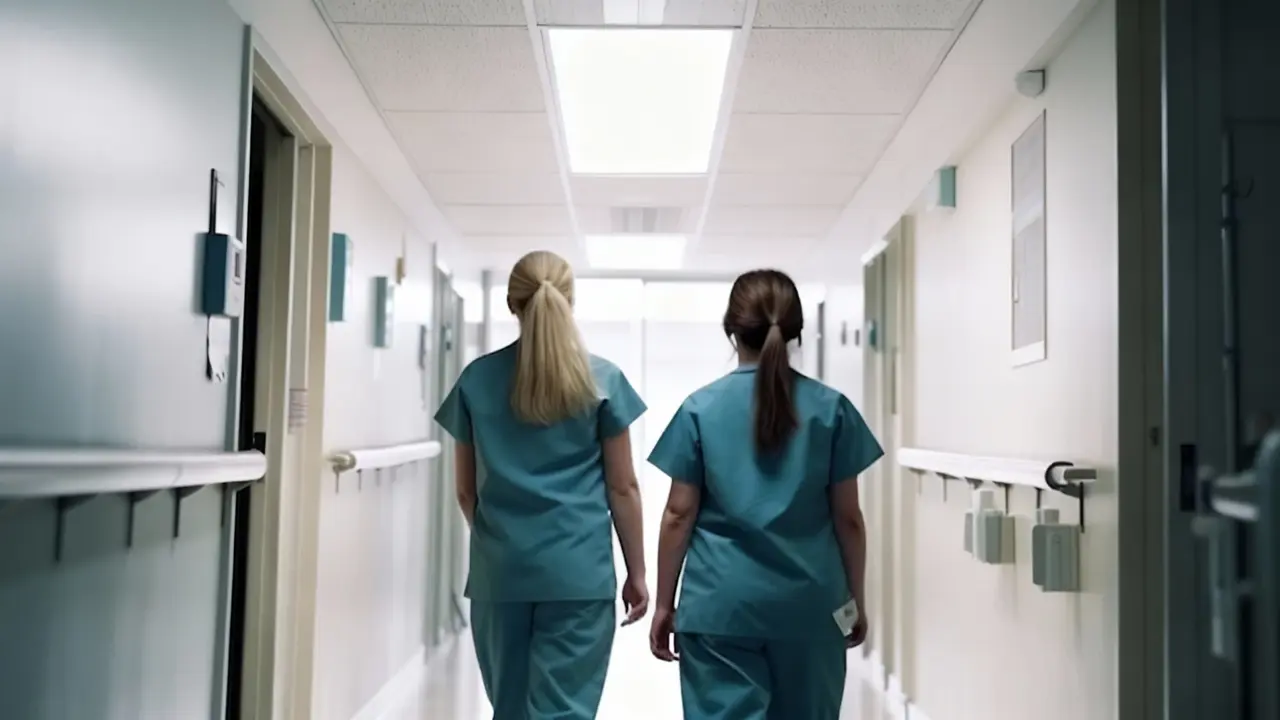 Due persone in divisa sanitaria camminano lungo un corridoio ospedaliero