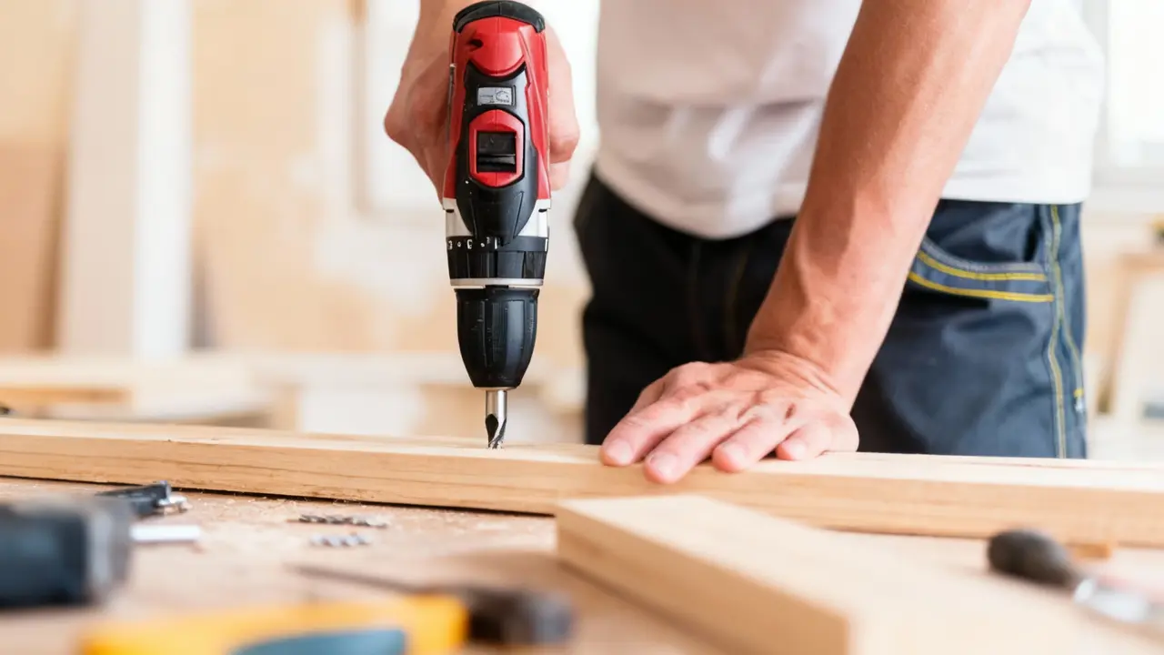 Persona che utilizza un trapano su un'asse di legno in un'officina fai-da-te