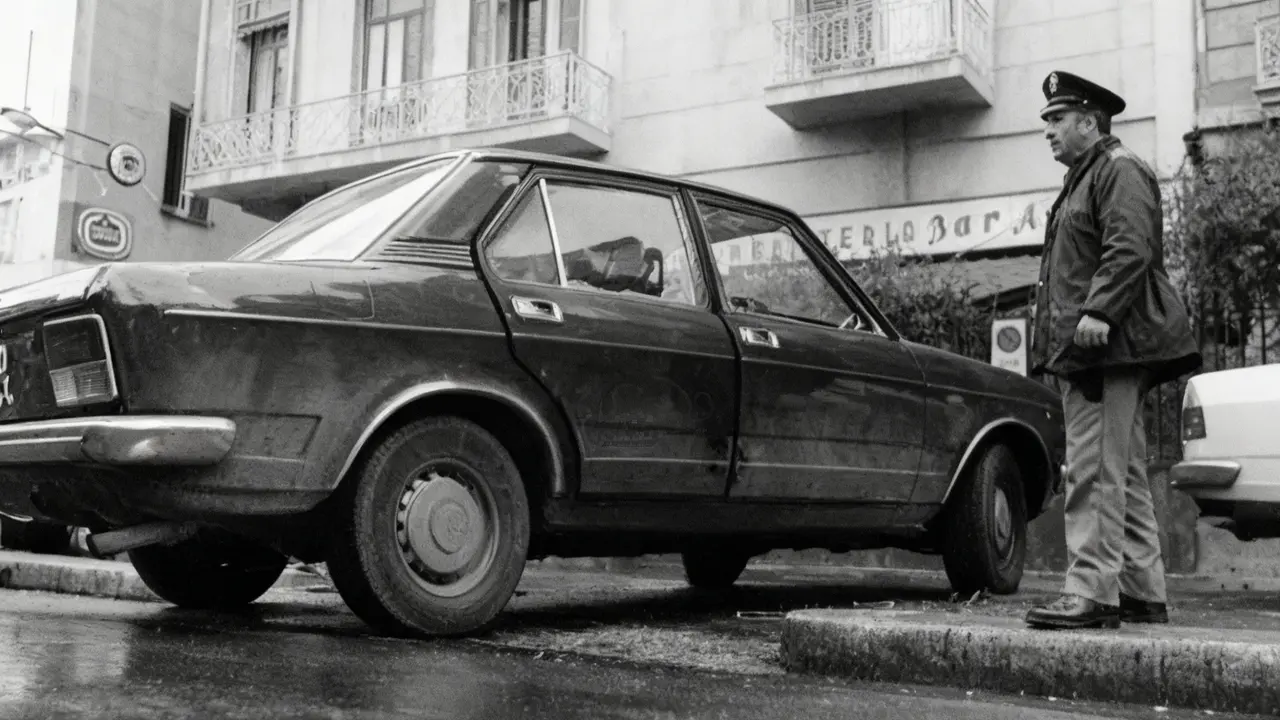 Un agente osserva un'auto danneggiata parcheggiata in strada, scena legata al caso Mattarella