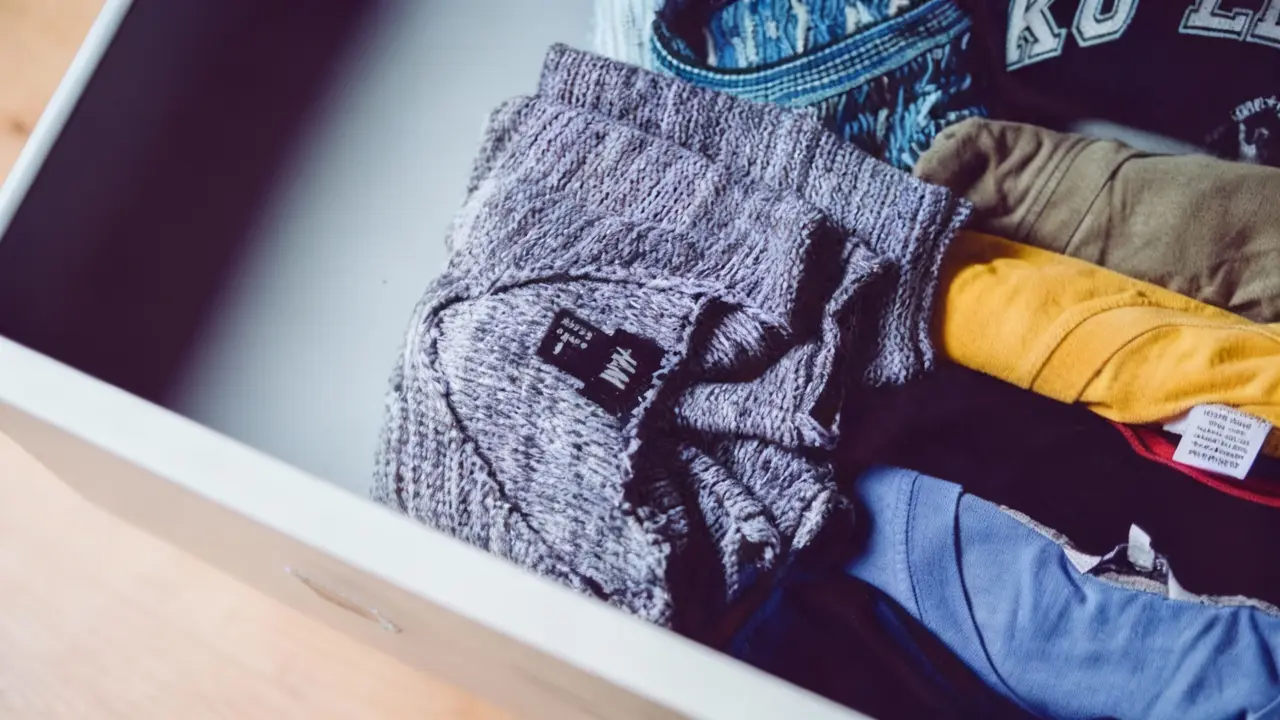 Cassetto aperto con abiti piegati di vari colori