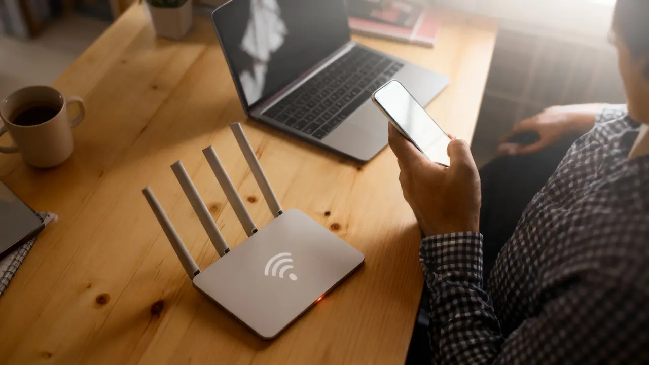 Persona seduta a una scrivania con smartphone, laptop e router Wi-Fi acceso