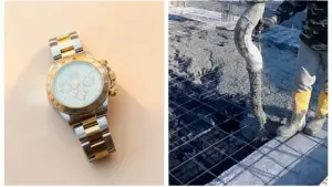 Un orologio di lusso e una persona al lavoro in un cantiere edile con calcestruzzo