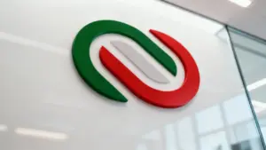 Logo con elementi curvi nei colori della bandiera italiana su una parete di vetro in un ufficio moderno