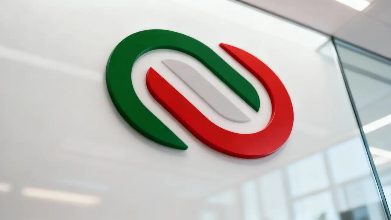 Logo con elementi curvi nei colori della bandiera italiana su una parete di vetro in un ufficio moderno