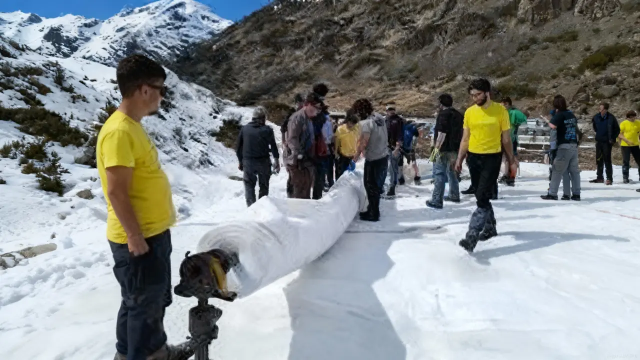 Gruppo di persone su un pendio innevato che rimuove grandi teli bianchi