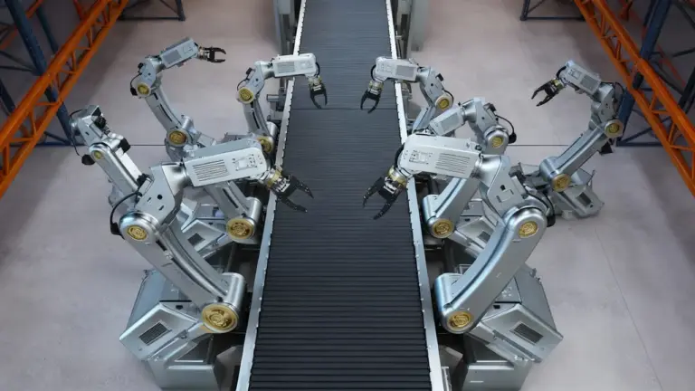 Bracci robotici industriali operano su un nastro trasportatore in un magazzino automatizzato