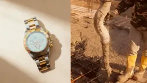 Orologio di lusso accanto a un operaio che versa calcestruzzo in un cantiere