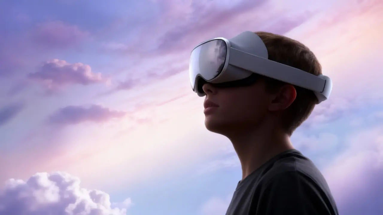 Una persona indossa un visore per realtà aumentata sotto un cielo al tramonto