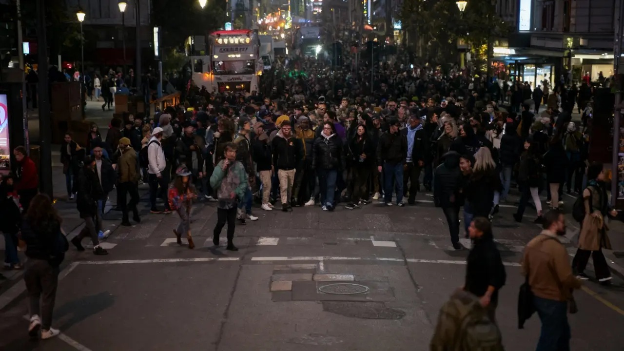 Folla di persone in strada durante un evento serale a Modena