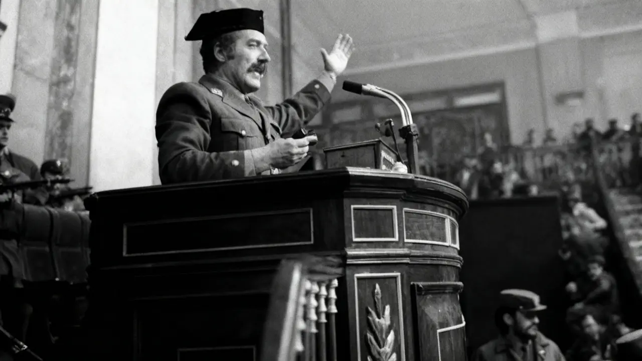 Un uomo in divisa militare parla da un podio in un'aula con altre persone armate presenti