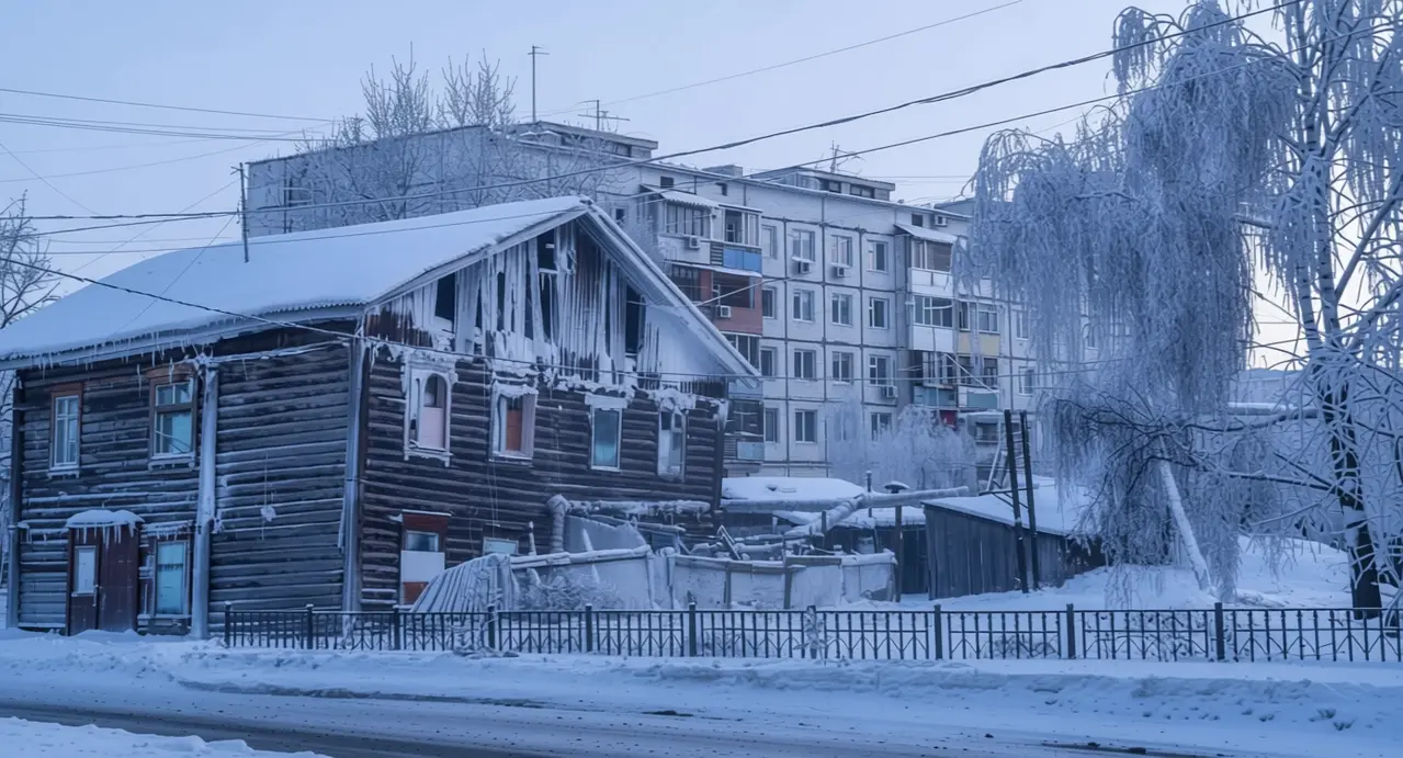 Edifici residenziali coperti di neve e ghiaccio in una città molto fredda