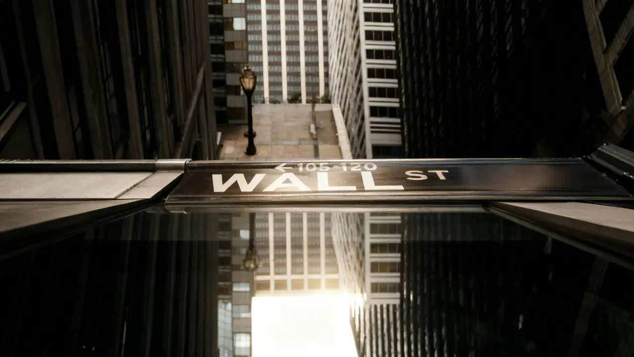Insegna di Wall Street tra grattacieli con luce del sole al tramonto