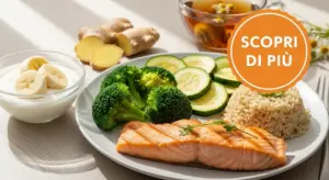 Piatto con salmone, zucchine, broccoli, riso integrale e yogurt con banana
