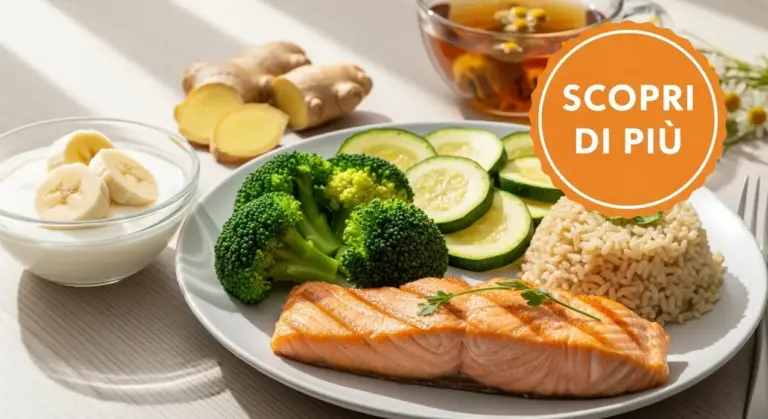 Piatto con salmone, zucchine, broccoli, riso integrale e yogurt con banana