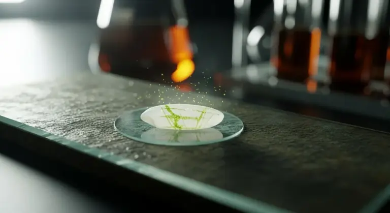 Chicco di riso analizzato in laboratorio su vetrino con residui verdi visibili