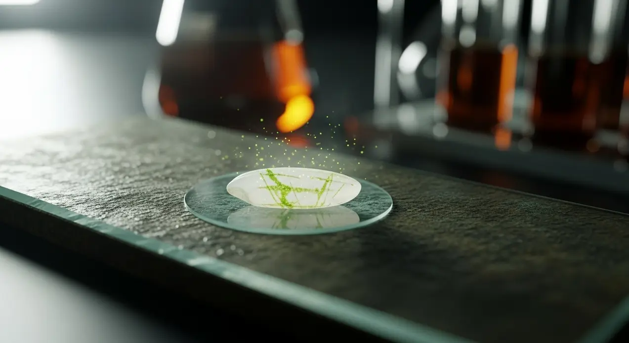 Chicco di riso analizzato in laboratorio su vetrino con residui verdi visibili