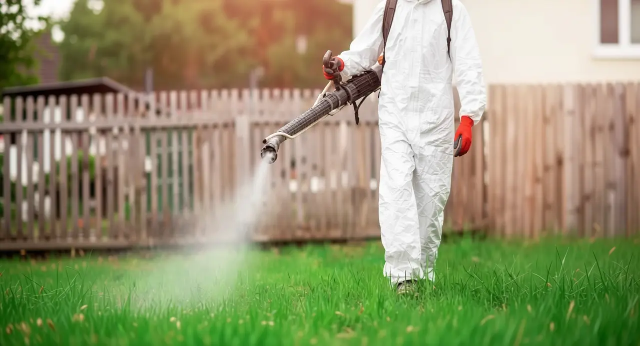 Persona in tuta protettiva mentre spruzza diserbante su un prato verde