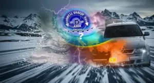 Auto su strada innevata con raffigurazione di freddo in arrivo sull’Italia