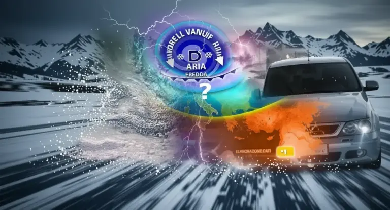 Auto su strada innevata con raffigurazione di freddo in arrivo sull’Italia