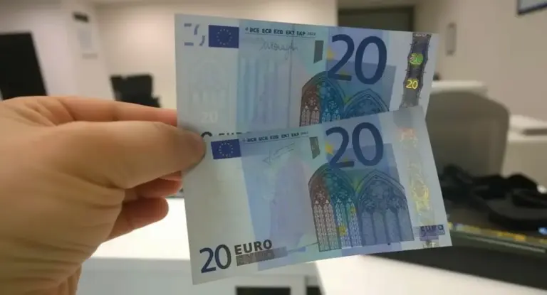 Due banconote da 20 euro controllate in controluce da una mano